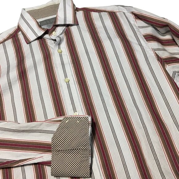 Thomas Dean Flip Cuff Shirt Men Medium Long Sleeve Striped Button Brown Blue - Picture 1 of 15